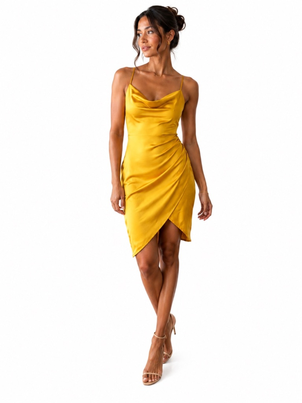 Satin Cowl Neck Spaghetti Strap Dress in Mustard Yellow